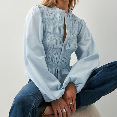 Women's Smocked Bubble Lantern Sleeve Button-Down Shirt, Slim Fit Peplum Blouse
