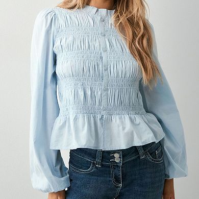 Women's Smocked Bubble Lantern Sleeve Button-Down Shirt, Slim Fit Peplum Blouse