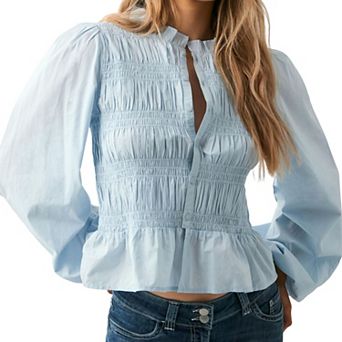 Women's Smocked Bubble Lantern Sleeve Button-Down Shirt, Slim Fit Peplum Blouse