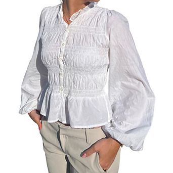Women's Smocked Bubble Lantern Sleeve Button-Down Shirt, Slim Fit Peplum Blouse