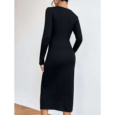 Women's Summer Midi Bodycon Dresses Basic Square Neck Side Slit Casual Sleeveless Solid Color Dress