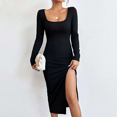 Women's Summer Midi Bodycon Dresses Basic Square Neck Side Slit Casual Sleeveless Solid Color Dress
