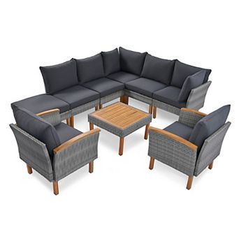 Eazegath 9 pc Outdoor Wicker Sectional Conversation Sofa Set with Coffee Table and Cushions