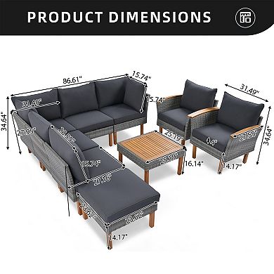 Eazegath 9-Piece Outdoor Wicker Sectional Conversation Sofa Set with Coffee Table and Cushions