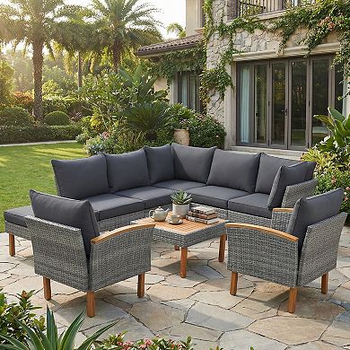 Eazegath 9-Piece Outdoor Wicker Sectional Conversation Sofa Set with Coffee Table and Cushions