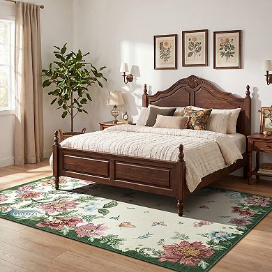 Washable Floral Area Rug Non-Slip Low Pile Carpet, Stain Resistant, Machine Washable