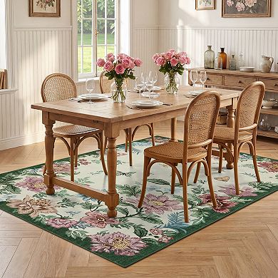 Washable Floral Area Rug Non-Slip Low Pile Carpet, Stain Resistant, Machine Washable