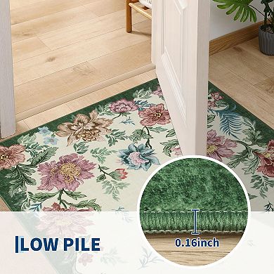 Washable Floral Area Rug Non-Slip Low Pile Carpet, Stain Resistant, Machine Washable