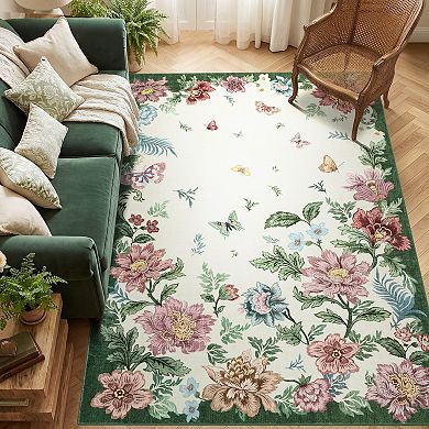 Washable Floral Area Rug Non-Slip Low Pile Carpet, Stain Resistant, Machine Washable