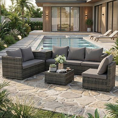 Eazegath 6-Piece Outdoor Wicker L- Shaped Sectional Sofa Set with Storage Box and Coffee Table