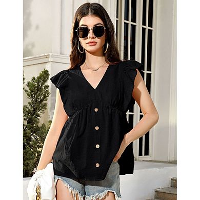 Women's V-Neck Ruffle Sleeve Blouse Casual Button Down Babydoll Peplum Top