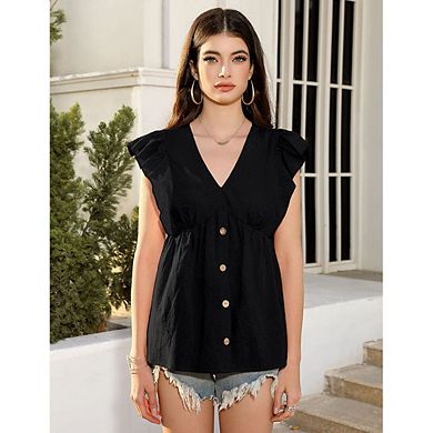 Women's V-Neck Ruffle Sleeve Blouse Casual Button Down Babydoll Peplum Top