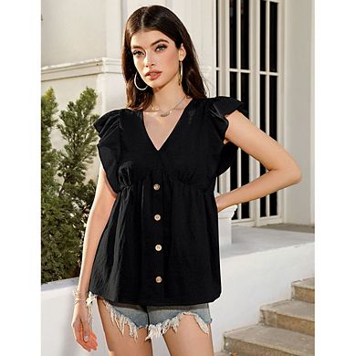 Women's V-Neck Ruffle Sleeve Blouse Casual Button Down Babydoll Peplum Top