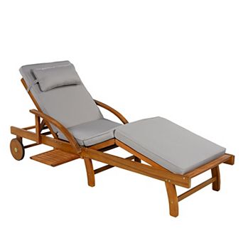Eazegath 77.5" Outdoor Wood Adjustable Chaise Lounge Chair with Cushions and Side Tray