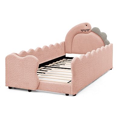 Pnronnc Boucle Fabric Frame Platform Bed Twin Size Dinosaur-Shape Toddler Bed with Safety Guardraild