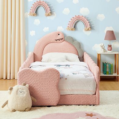Pnronnc Boucle Fabric Frame Platform Bed Twin Size Dinosaur-Shape Toddler Bed with Safety Guardraild