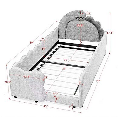 Pnronnc Boucle Fabric Frame Platform Bed Twin Size Dinosaur-Shape Toddler Bed with Safety Guardraild