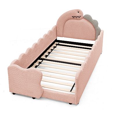 Pnronnc Boucle Fabric Frame Platform Bed Twin Size Dinosaur-Shape Toddler Bed with Safety Guardraild