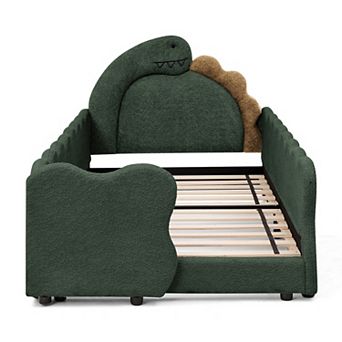 Pnronnc Boucle Fabric Frame Platform Bed Twin Size Dinosaur-Shape Toddler Bed with Safety Guardraild