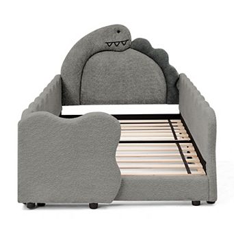 Pnronnc Boucle Fabric Frame Platform Bed Twin Size Dinosaur-Shape Toddler Bed with Safety Guardraild