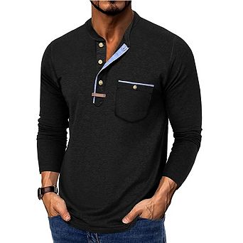 Mens Casual Long Sleeve Henley Shirts Round Neck Color Block Fashion Button Tops With Pocket