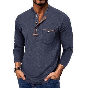 Mens Casual Long Sleeve Henley Shirts Round Neck Color Block Fashion Button Tops With Pocket