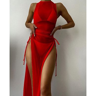 Women's High Split Drawstring Sheer Mesh Long Sleeve See Through Swimwear Bikini Cover Up