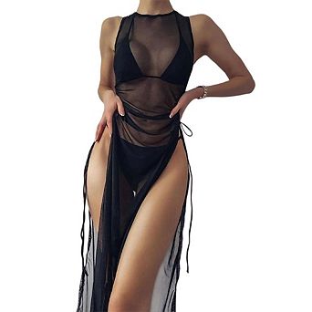 Women's High Split Drawstring Sheer Mesh Long Sleeve See Through Swimwear Bikini Cover Up