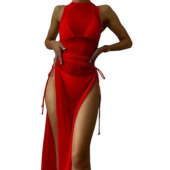 Women's High Split Drawstring Sheer Mesh Long Sleeve See Through Swimwear Bikini Cover Up