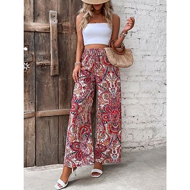 :Women's Wide Leg Pants Elastic Waist Drawstring Palazzo Trousers for Beach Vacation