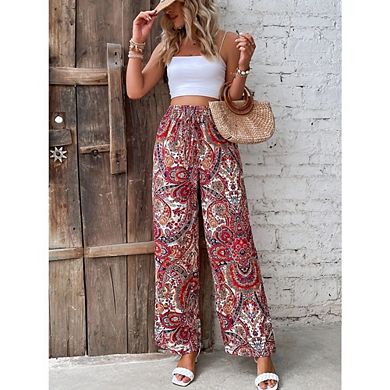 :Women's Wide Leg Pants Elastic Waist Drawstring Palazzo Trousers for Beach Vacation