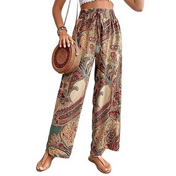 :Women's Wide Leg Pants Elastic Waist Drawstring Palazzo Trousers for Beach Vacation