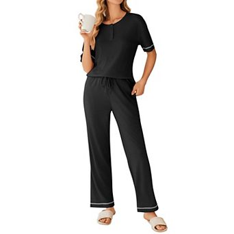 Ekouaer Lounge Sets for Women Waffle Knit Womens Pajama Two Piece Pjs Short Sleeve Top Long Pant