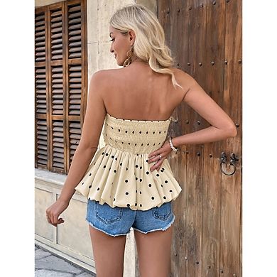 Women's Polka Dots Peplum Tube Top Strapless Puffy Flared Hem Tops