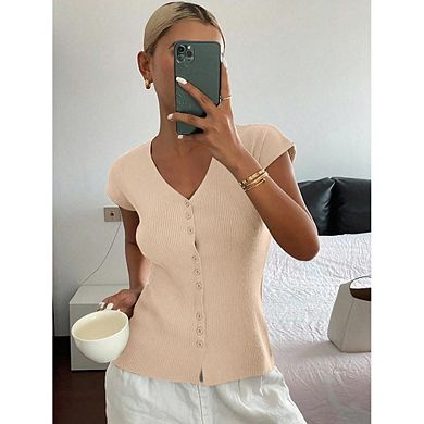 V-Neck Ribbed Knit Top for Women Short Sleeve Button Down Fitted Blouse
