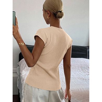V-Neck Ribbed Knit Top for Women Short Sleeve Button Down Fitted Blouse