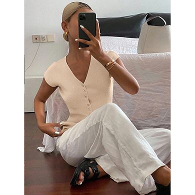 V-Neck Ribbed Knit Top for Women Short Sleeve Button Down Fitted Blouse