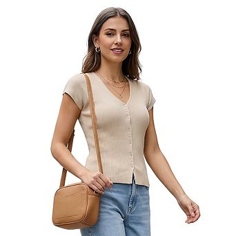 V-Neck Ribbed Knit Top for Women Short Sleeve Button Down Fitted Blouse
