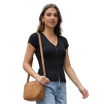 V-Neck Ribbed Knit Top for Women Short Sleeve Button Down Fitted Blouse