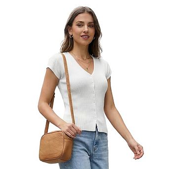 V-Neck Ribbed Knit Top for Women Short Sleeve Button Down Fitted Blouse