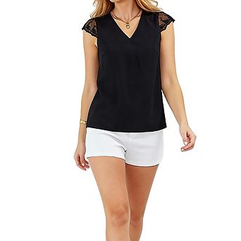 Women Lace Cap Sleeve V Neck Blouse Casual Loose Fit Sleeveless Summer Top
