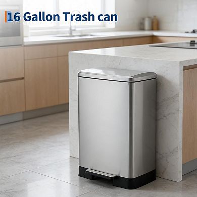 60L Trash Can, Stainless Steel Kitchen Trash Can with Foot Pedal