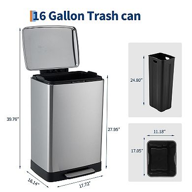 60L Trash Can, Stainless Steel Kitchen Trash Can with Foot Pedal