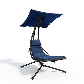 Relaxing Outdoor Hanging Chaise Lounge Swing Chair with Umbrella Curved Steel Frame Hammock Lounger