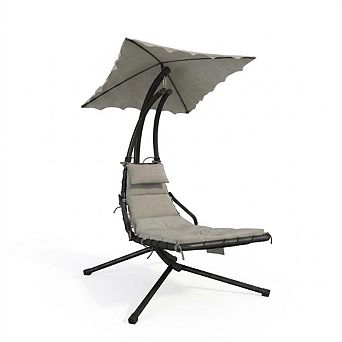 Relaxing Outdoor Hanging Chaise Lounge Swing Chair with Umbrella Curved Steel Frame Hammock Lounger