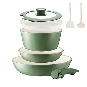 MOEPLSY8 pc Green Ceramic Nonstick Cookware Detachable Handle Stackable Space-Saving Design