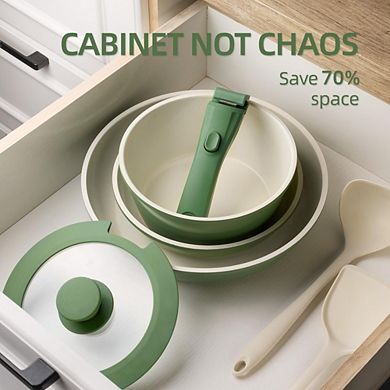 MOEPLSY8-Piece Green Ceramic Nonstick Cookware Detachable Handle Stackable Space-Saving Design