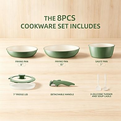 MOEPLSY8-Piece Green Ceramic Nonstick Cookware Detachable Handle Stackable Space-Saving Design