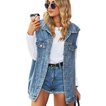 Denim Vest for Women Oversized Sleeveless Button Down Jean Jacket