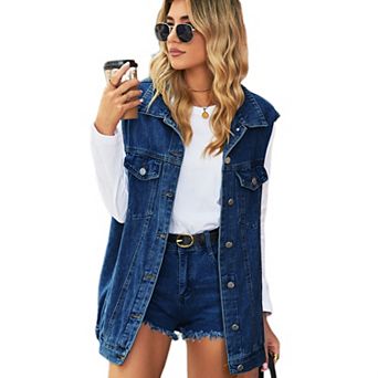 Denim Vest for Women Oversized Sleeveless Button Down Jean Jacket